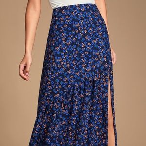 Lulus Wandering Wonder Navy Blue Floral Print Button-Front Maxi Skirt